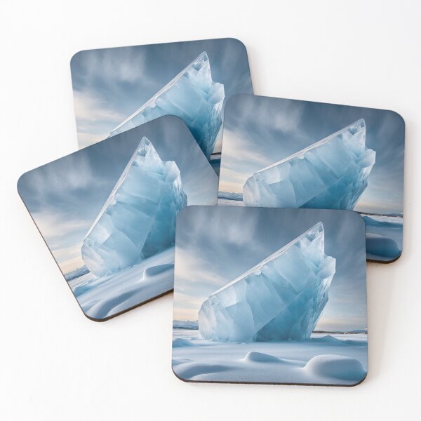 Item preview, An enormous ice crystal stands in the middle of a snow-covered field. It is taller than the surrounding snow drifts and has a pointed top. The sky above is blue with wispy clouds. designed and sold by petrovk.