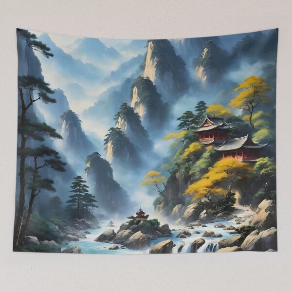 Item preview, Korean Idyllic mountain village cascading river landscape pastel designed and sold by BorgSpareParts.