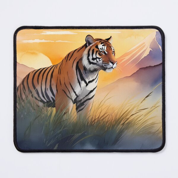 Item preview, Tiger in the grass as the sun rises behind the mountain designed and sold by Oddly Yours Goods.