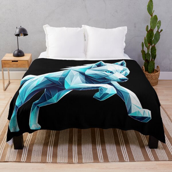 Item preview, white wolf origami geometric 3d blue reflections, 3D polygonal illustration designed and sold by CutOriginalArt.