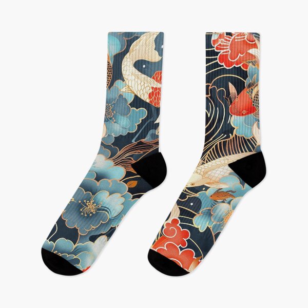 Item preview, Japanese Koi Fish and Peonies Pattern - Dark Blue and Gold designed and sold by 33wolvesdesigns.