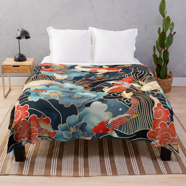 Item preview, Japanese Koi Fish and Peonies Pattern - Dark Blue and Gold designed and sold by 33wolvesdesigns.