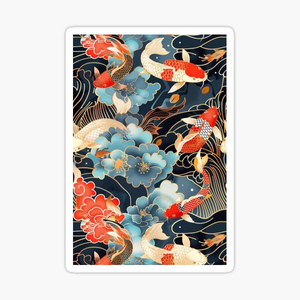 Vista previa del artículo con la obra «Patrón japonés de peces koi y peonías: azul oscuro y dorado», diseñado y vendido por 33wolvesdesigns.