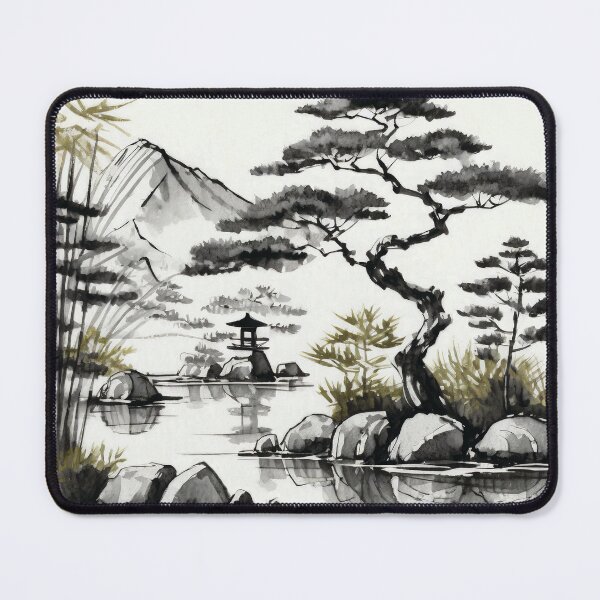 Item preview, Tranquil Lake Shrine: Sumi-e Serenity Among Bamboo, Maple, and Pine designed and sold by Marithrax.