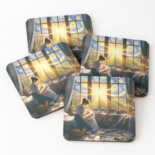 Item preview, A Woman Sitting In Front Of A Window With A Painting Of The Starry Night. designed and sold by MusicEldorado.