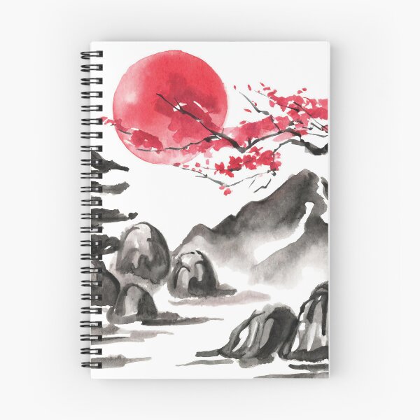 Item preview, Tranquil Sumi-e Serenity Among Pine mountains Red Moon designed and sold by Marithrax.