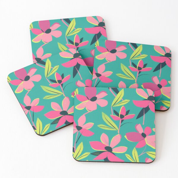 Item preview, Bold floral print in lime green, black & hot pink on a turquoise background designed and sold by PrettyPinkSkies.