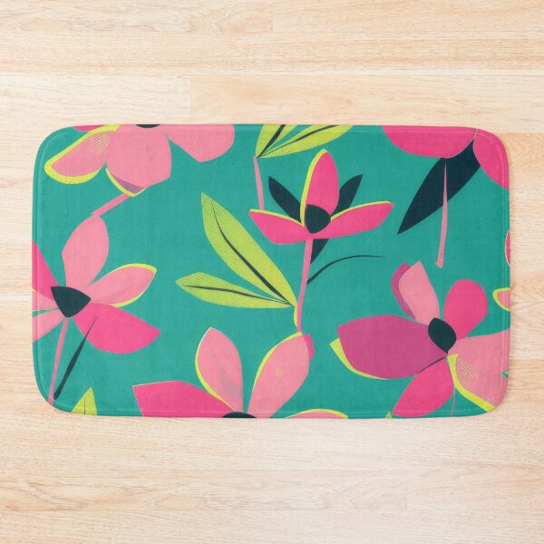 Item preview, Bold floral print in lime green, black & hot pink on a turquoise background designed and sold by PrettyPinkSkies.