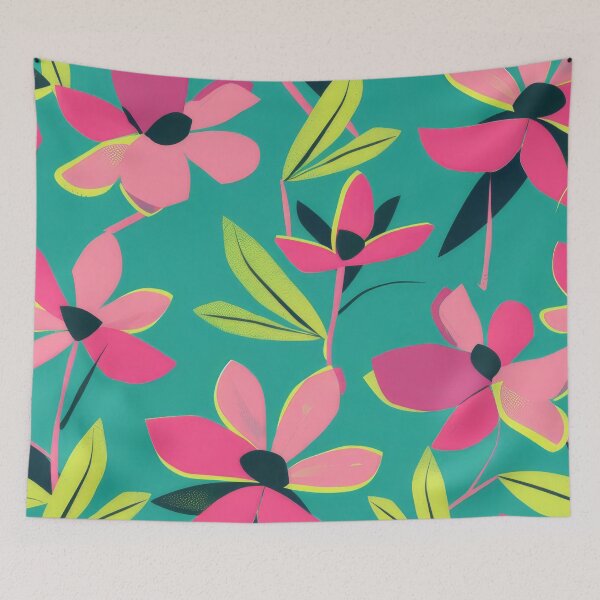 Item preview, Bold floral print in lime green, black & hot pink on a turquoise background designed and sold by PrettyPinkSkies.