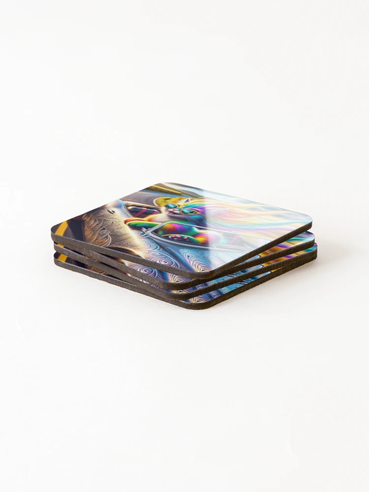 Thumbnail 4 of 5, Coasters (Set of 4), Title: Feline Freedom Ride designed and sold by Sienna Hamilton-Katene.
