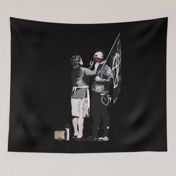 Item preview, Banksy Graffiti Mom And Punk With Anarchist Flag Protest Don'T Forget To Eat Your Lunch And Make Some Trouble Quote On Beige And White Background Hd High Quality Online Store designed and sold by CandaceLevi.