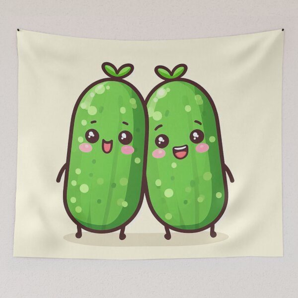 Item preview, kawaii cucumbers lovers pair of two with yellow background designed and sold by SaraDatCool.