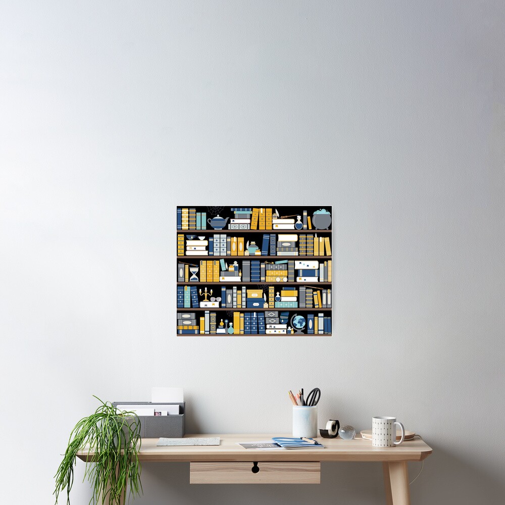 "Bookcase Pattern Blue Yellow Library" Poster by rubyandpearl Redbubble