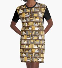 Bookshelf Pattern - Yellow and Grey Graphic T-Shirt Dress
