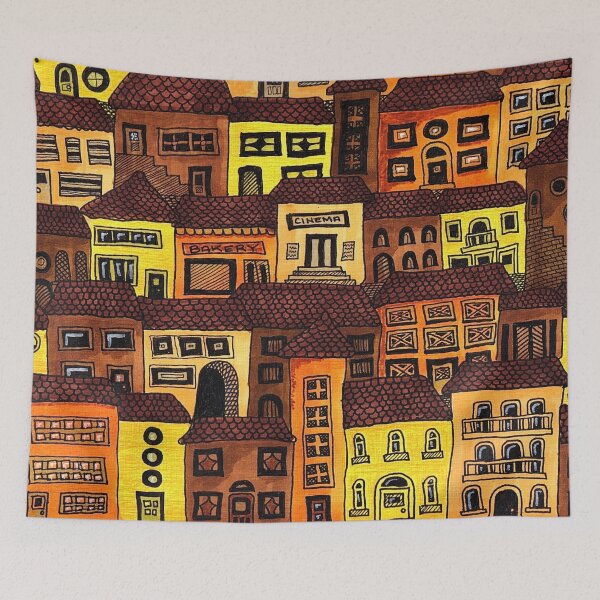 Item preview, Oldtown - hand drawn townscape in warm tones designed and sold by Curraleigh Crafts.