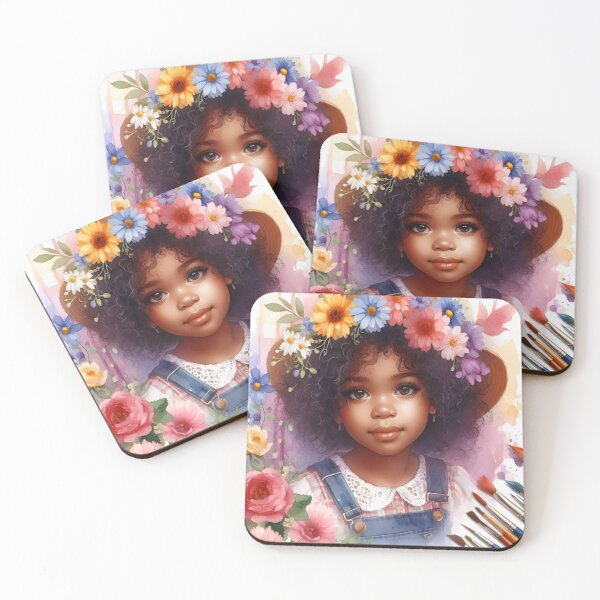 Item preview, Floral Girl Portrait in Watercolor, floral art,Black Girl Art, cute.  designed and sold by FreeWorldDesign.