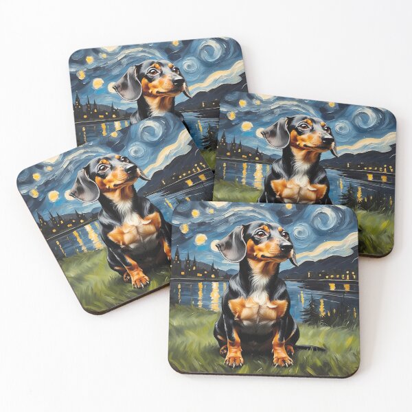 Artikelvorschau, Dackelhund in der Sternennacht im Edvard Munch-Stil entworfen und verkauft von YoshiArtDesign.