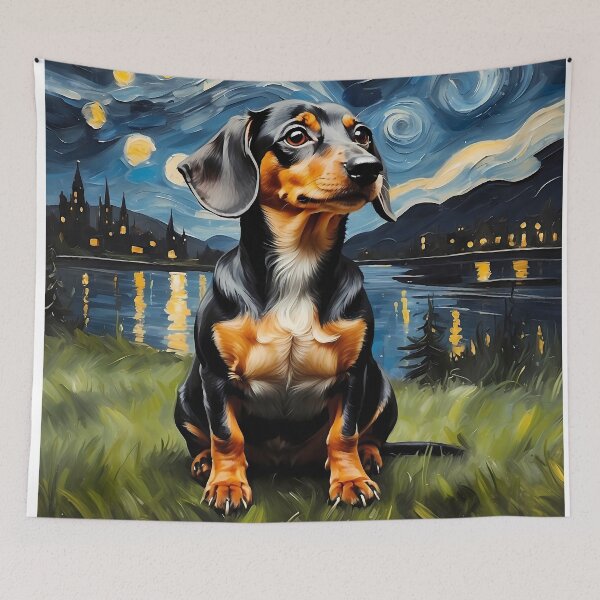 Item preview, Dachshund dog in the Starry  Night , Edvard Munch style designed and sold by YoshiArtDesign.