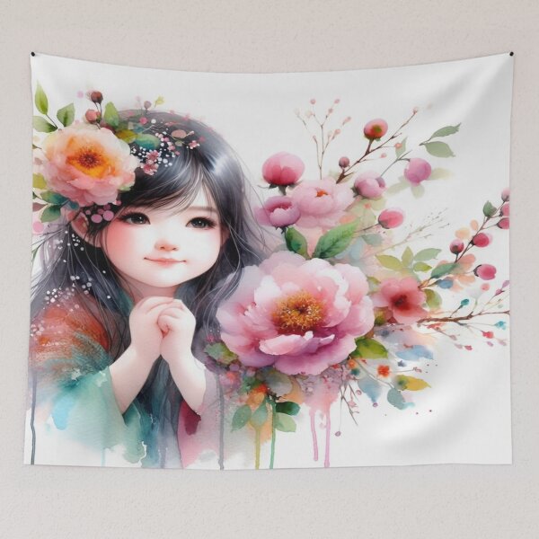 Item preview, Floral Girl Portrait Watercolor,oriental girl,floral art, cute. designed and sold by FreeWorldDesign.