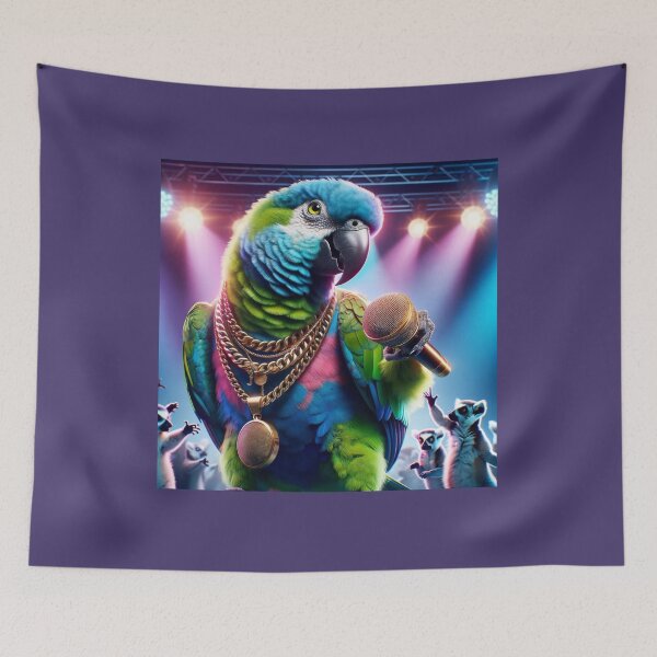 Item preview, Parrot with striking green and blue feathers stands on stage under the bright lights of the spotlights designed and sold by AndreaMart.