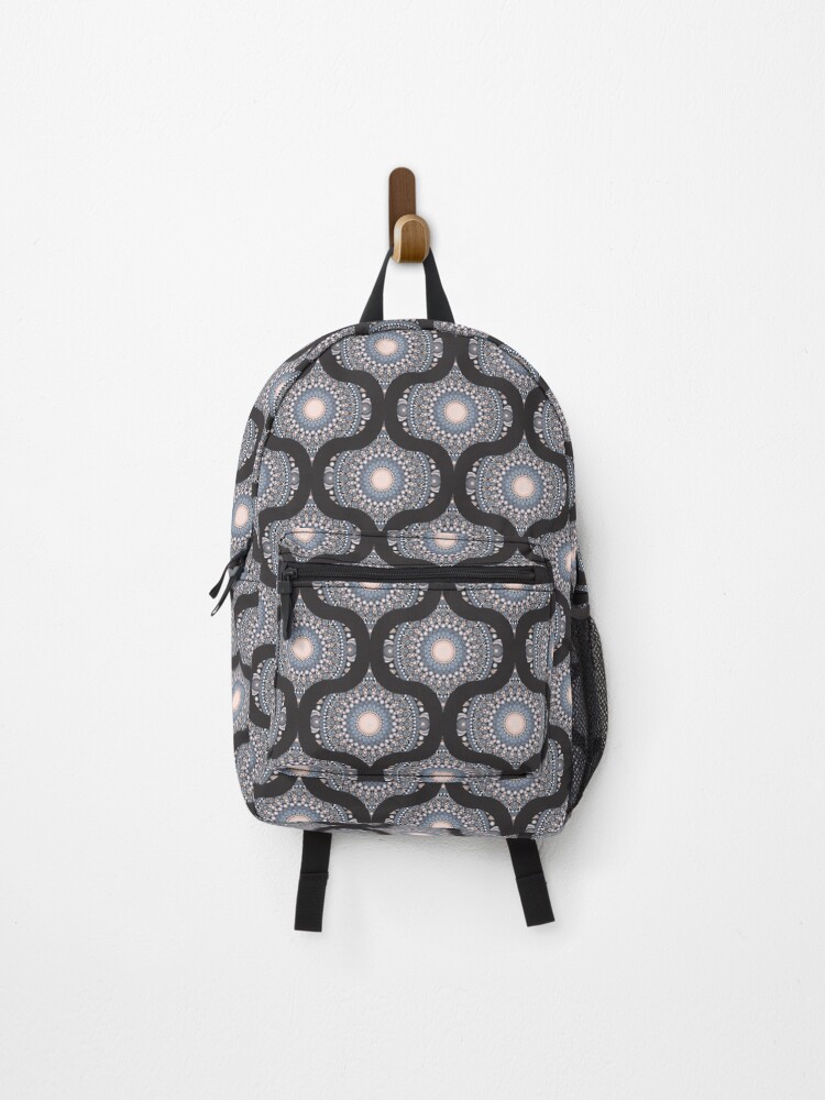 Backpack, Ornate Apricot Serenity Dot Mandala Mid Mod Ogee designed and sold by Triplicate Limited