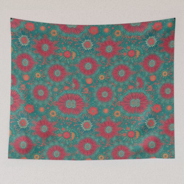 Item preview, Vibrant floral pattern Red and orange flowers on a green background designed and sold by Frostquest.