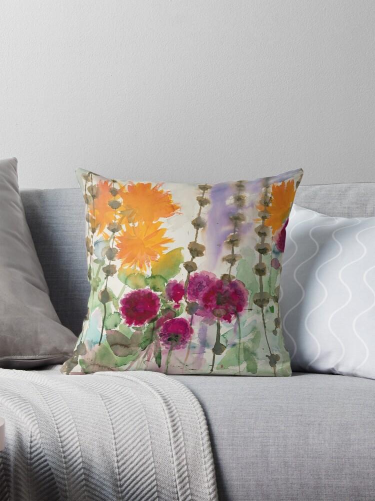 Thumbnail 1 of 4, Pillow, Noldes garden - orange and red dahlia  designed and sold by BirgitteB.