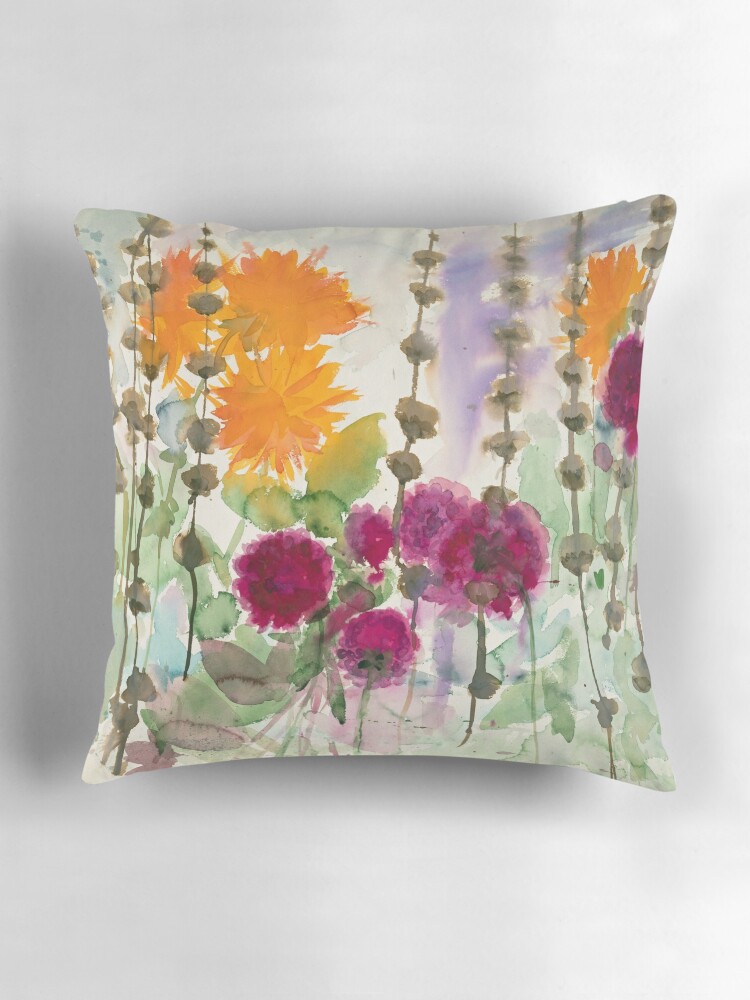 Thumbnail 3 of 4, Pillow, Noldes garden - orange and red dahlia  designed and sold by BirgitteB.