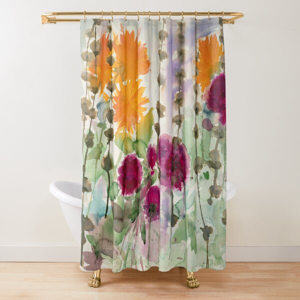 Noldes garden - orange and red dahlia Shower Curtain