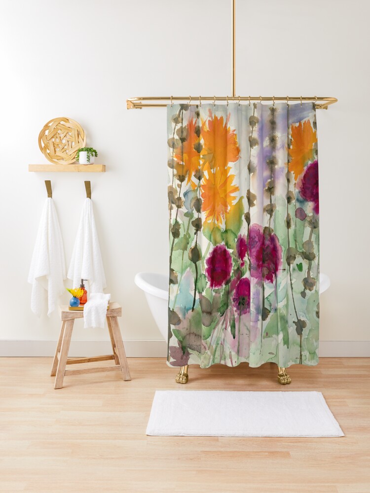 Thumbnail 1 of 5, Shower Curtain, Noldes garden - orange and red dahlia  designed and sold by BirgitteB.