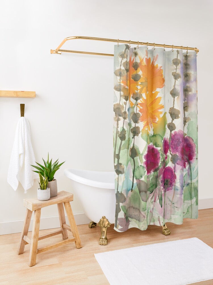 Thumbnail 3 of 5, Shower Curtain, Noldes garden - orange and red dahlia  designed and sold by BirgitteB.