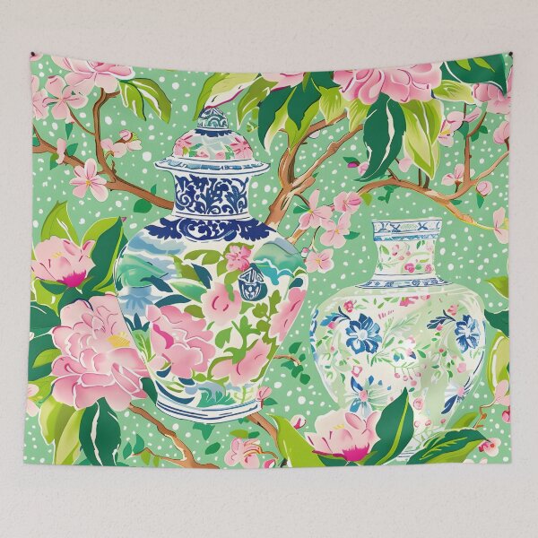 Item preview, Ginger jars and wild roses on green designed and sold by SophieClimaArt.