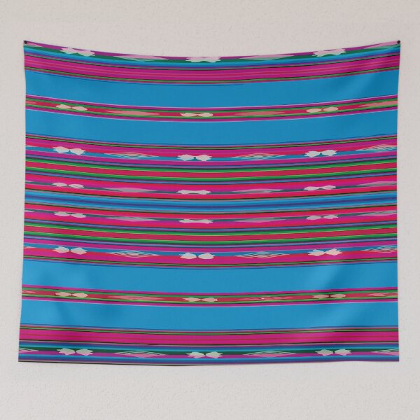 Item preview, Blue pink mexican poncho vibrant textile mexican blanket folk art designed and sold by T-Mex.