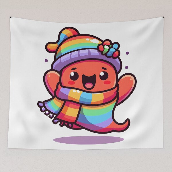 Item preview, Kawaii Buoyant Demon: Wearing A Rainbow Scarf And Hat designed and sold by CanvasCutie.