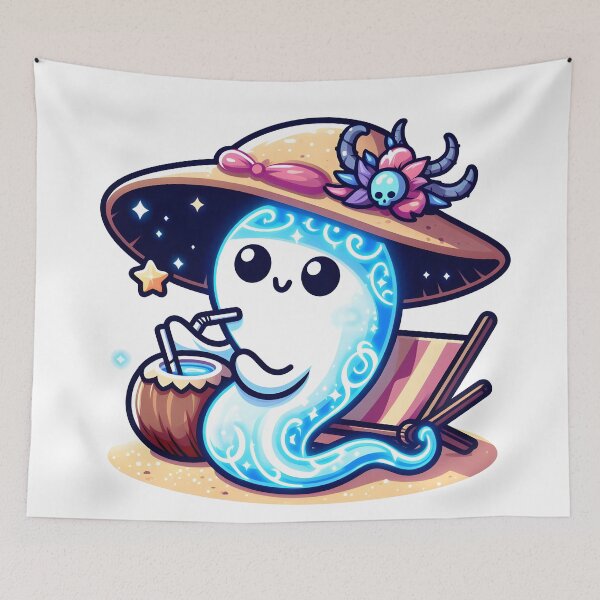 Item preview, Kawaii Luminous Banshee With Beach Hat Sipping A Coconut Drink On The Beach designed and sold by CanvasCutie.