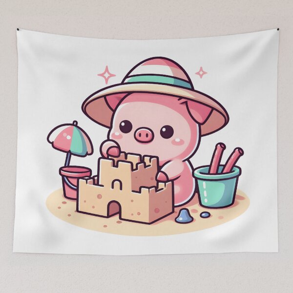 Item preview, Kawaii Pig Building Sandcastle designed and sold by CanvasCutie.