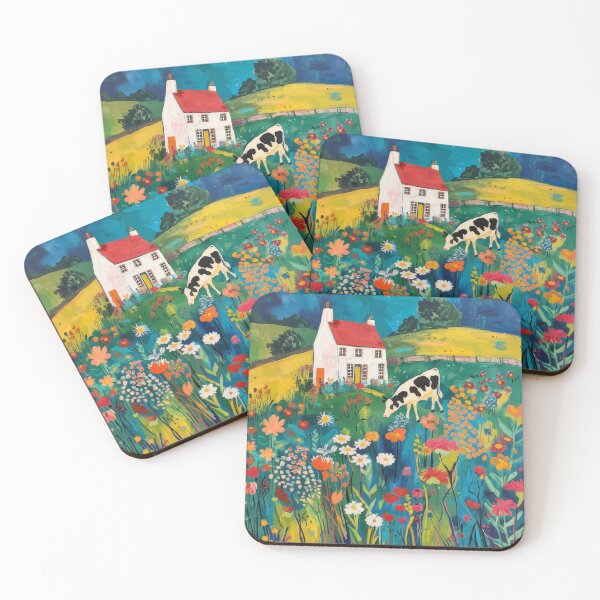 Item preview, Cute farm cottage scene with a cow in amongst a field of pretty flowers designed and sold by PrettyPinkSkies.