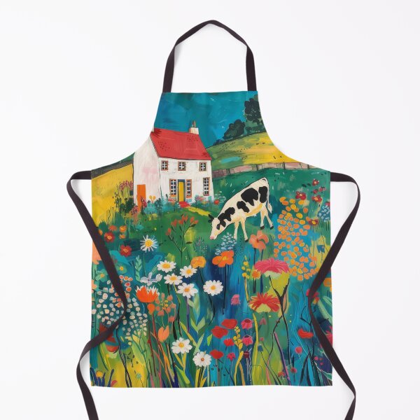 Item preview, Cute farm cottage scene with a cow in amongst a field of pretty flowers designed and sold by PrettyPinkSkies.