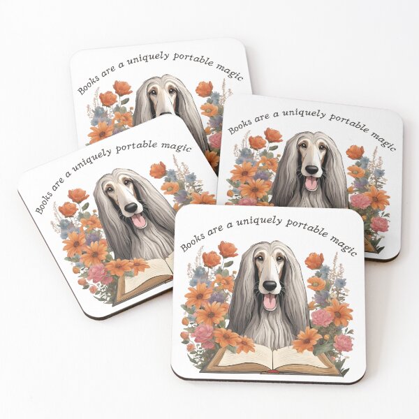 Item preview, "Books are a uniquely portable magic" Afghan Hound Dog Books quotes designed and sold by GoodyPaws.