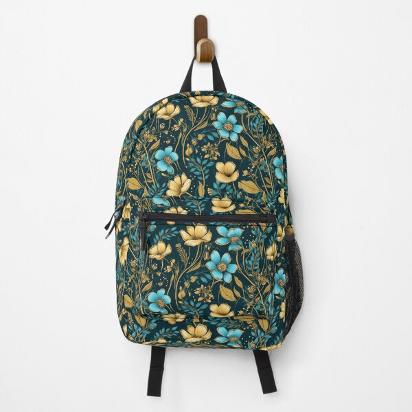 Item preview, Gold and Blue Flowers on Black Background designed and sold by Emma Marie Blacker.