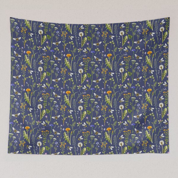 Item preview, Bees and wildflowers / Dark blue designed and sold by MirabellePrint.