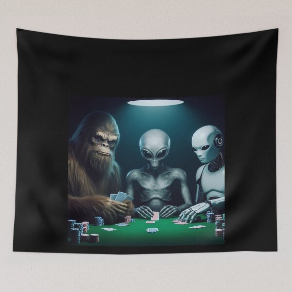 Item preview, Bigfoot, Alien and AI Robot Poker Night, Cool Creatures Playing Poker, Monster Poker Night, Joe Rogan Alien Theme, Guy's Night Out Shirt, Ironic Tee designed and sold by matrixunplugged.