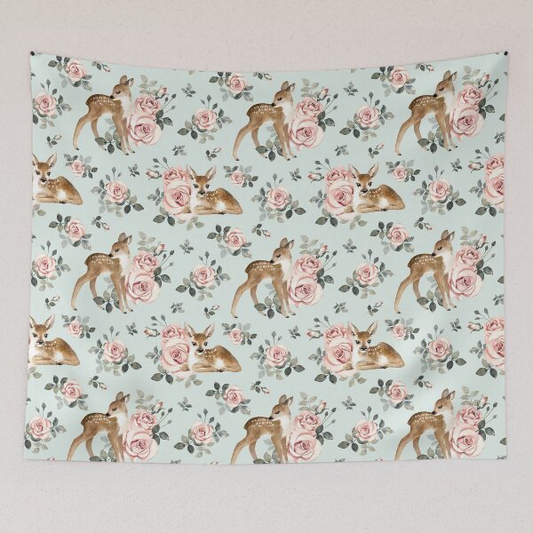 Aperçu de l'œuvre Petit Cerf Aux Roses Vintage / Menthe créée et vendue par MirabellePrint.