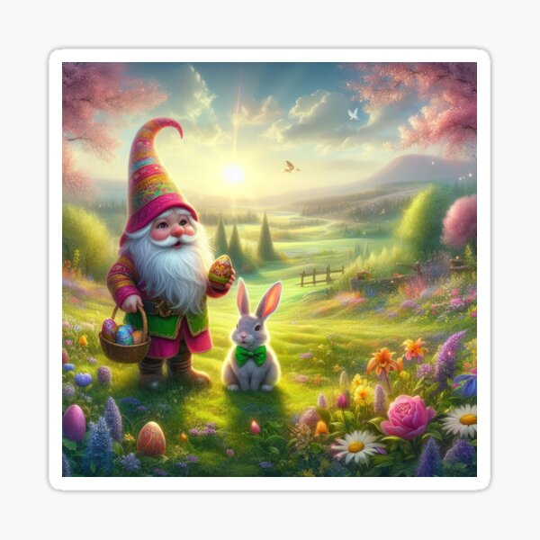 Item preview, Easter gnome with basket and rabbit easter landscape designed and sold by Expressions-Sel.