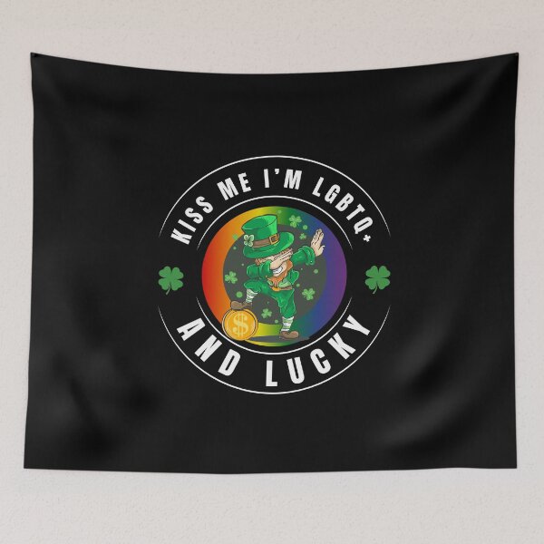 Item preview, Kiss Me I'm LGBTQ and Lucky, Leprechaun dapping with bit coin and shamrocks pride background, LGBTQ+ St Patrick's Day tees,  designed and sold by PrideBeProud.