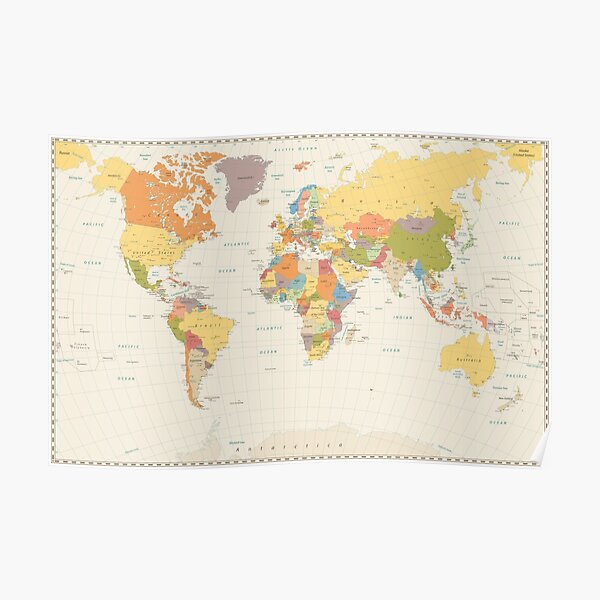 detailed retro political world map Poster