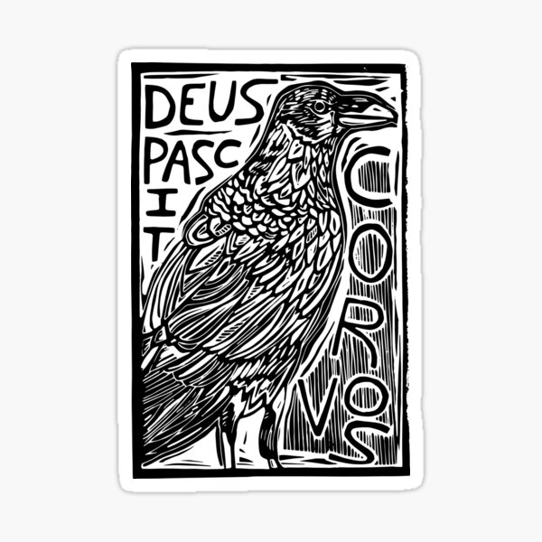 Artikel-Vorschau von Gott füttert die Raben Lateinisches Motto Linolschnitt, designt und verkauft von SarahFullerArt.