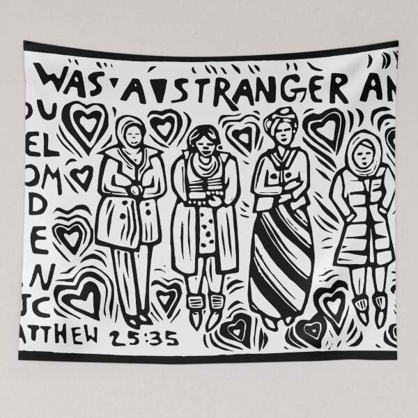 Item preview, I Was a Stranger and You Welcomed Me In linocut image designed and sold by SarahFullerArt.