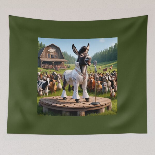 Item preview, Donkey, dressed in a typical Elvis costume with sparkling gems and a high pompadour, stands on a wooden stage in the middle of a green meadow designed and sold by AndreaMart.