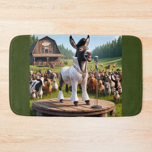 Item preview, Donkey, dressed in a typical Elvis costume with sparkling gems and a high pompadour, stands on a wooden stage in the middle of a green meadow designed and sold by AndreaMart.